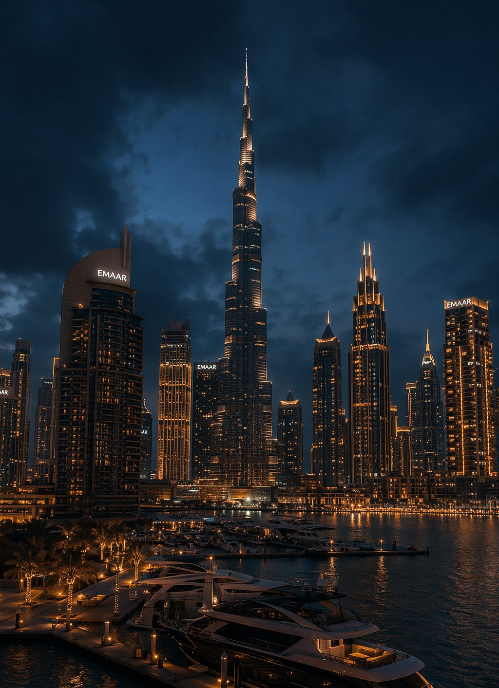 Dubai skyline across the marina at night